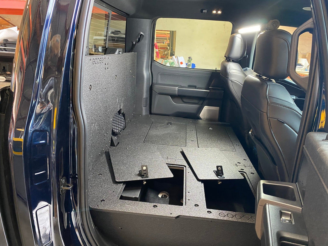 Goose Gear Ford Super Duty Ford - F250 - F350 - 2023 - Present - 5th Gen. Crew Cab - Second Row Seat Delete Plate System with Factory B&amp;O Subwoofer Center Wall with Exterior Port